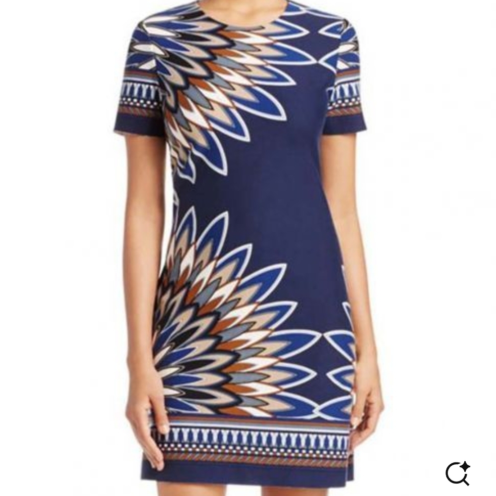Tory Burch Navy Blue Multi-Color Short Sleeve Mini Dress